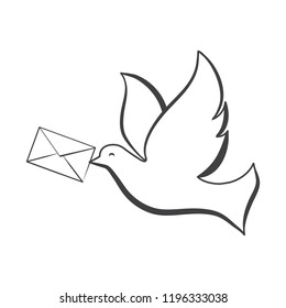 White pigeon carrying letter line art vector illustration.