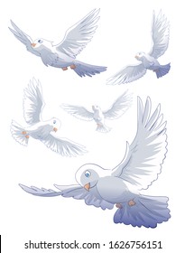 White pigeon, dove birds in motion, flying with open wings. Feathers floating. Hand drawn sketch, isolated flat vector illustration on white background