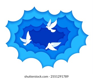 White pigeon dove paper cut birds in clouds. World Peace Day, freedom and christian religion concept with vector 3d doves flying in blue sky. Pigeon birds in paper cut frame with wavy layered borders