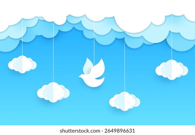 Pombo branco e papel de pomba cortar pássaro em nuvens. Liberdade, sonho e religião cristã esperança papel corte conceito vetor, recortar papel de parede. Pássaro pomba branca voando no fundo de papel do céu ou fundo 3d