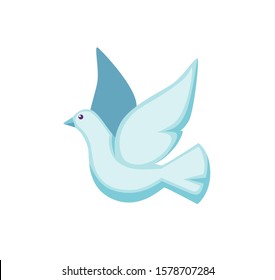 White pigeon flat vector illustration. Cute illusionist bird. Flying dove with feathered wings isolated on white background. Magic show animal. Magical trick, entertainment performance.