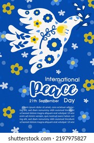 White pigeon with flowers pattern and the day and name of event, example texts on flowers and blue background. Poster's concept of Peace day (theme color of Ukraine flag) campaign in vector design.