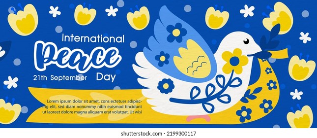 White pigeon with flowers pattern and the day and name of event, example texts on flowers and blue background. Poster's concept of Peace day (theme color of Ukraine flag) campaign in vector design.