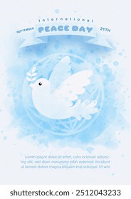 Pombo branco voando com o dia e o nome do evento com letras na fita e símbolo global e fundo de aquarela azul. Poster conceitua a campanha do Dia da Paz em design vetorial.