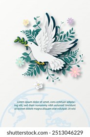 White pigeon flying with green plants and flowers, example texts on global and white background. Poster's campaign of international peace day in paper cut style and vector design.