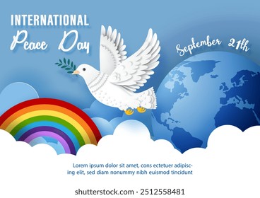 White pigeon flying on cloud and rainbow with wording of event, example texts on blue background. Poster's campaign of international peace day in paper cut style and vector design.