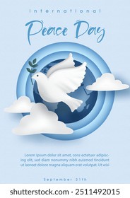 White pigeon flying on global with circle layers and wording of event on blue background. Poster's campaign of international peace day in paper cut style and vector design.