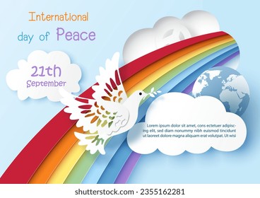 White pigeon flying on rainbow with wording clouds and the day and name of event, example texts on blue background. Poster's campaign of international peace day in paper cut style and vector design.