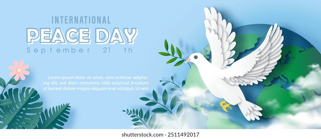 White pigeon flying with puffy clouds on global and tropical plants and wording of event on blue background. Poster's campaign of international peace day in paper cut style and vector design.