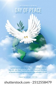 White pigeon flying with puffy clouds on global and wording of event, example texts on blue background. Poster's campaign of international peace day in paper cut style and vector design.