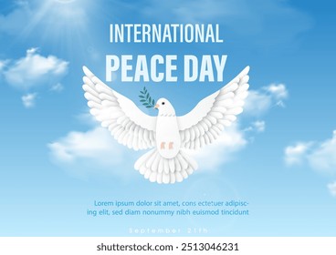 White pigeon flying with puffy clouds and wording of event, example texts on blue sky background. Poster's campaign of international peace day in paper cut style and vector design.