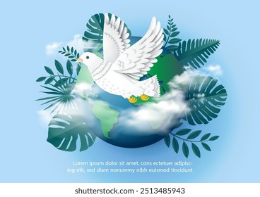 White pigeon flying with puffy clouds on global and tropical plants and example texts on blue background. Poster's campaign of international peace day in paper cut style and vector design.