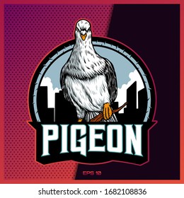 White Pigeon grab text esport and sport mascot logo design in modern illustration concept for team badge, emblem and thirst printing.Pigeon illustration on Pink Purple Background. Vector illustration