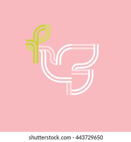 White pigeon with green olive branch on a soft pink. Modern flat double line vector icon or logo template