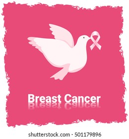 White Pigeon Hold Pink Ribbon Breast Cancer Awareness Flat Vector Illustration