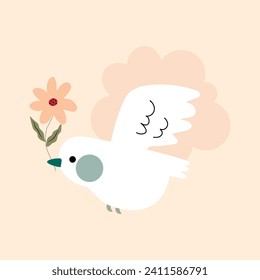 White pigeon isolated. Flying white bird with a flower in its beak. Vector illustration 