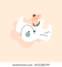 White pigeon isolated. Flying white bird with a flower in its beak. Vector illustration 