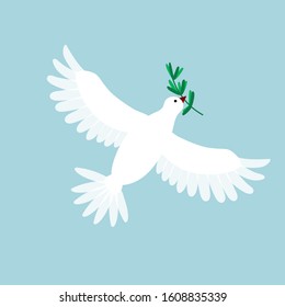 White pigeon with olive branch. Dove flying and holding a holly message. Symbol for peace, love, faith. Vector illustration. Cute cartoon flat style.