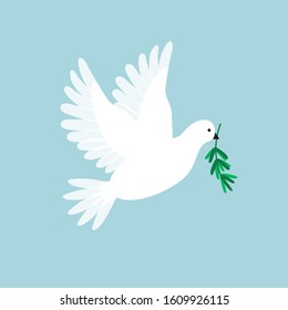 White pigeon with olive branch. Dove flying and holding a holly message. Symbol for peace, love, faith. Vector illustration. Cute cartoon flat style.