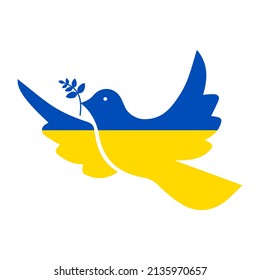 White pigeon on patriotic of Ukraine flag. Pray for Ukraine. Vector banner isolated on white background.	