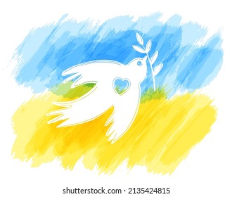 White pigeon, peace symbol with Ukrainian flag. Pray for our people