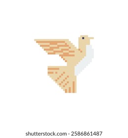 White pigeon pixel art flat style icon. Dove sign. Bird character. Modern symbol wedding, nature, love and hope. Logo template. 8-bit. Sticker and embroidery design. Isolated vector illustration. 