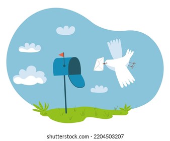 White pigeon postman flies in the sky with a mail. Dove delivers a letter to the mailbox. Pigeon post. Vector hand drawn illustration.