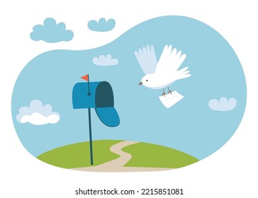 White pigeon postman flies in the sky with a mail. Dove delivers a letter to the mailbox. Pigeon post. Vector hand drawn illustration.