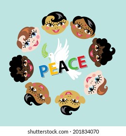 White pigeon and smiling baby born faces of different Nations.Inscription "Peace" in five colors.A symbol of peace and friendship of peoples in vector illustration