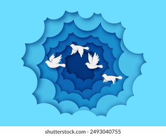 White pigeons or dove birds in paper cut clouds flying in sky, vector background. Doves in blue papercut sky heaven frame for freedom, love or faith, happiness and dream, Easter holiday or religion