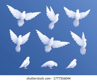 White pigeons doves set with isolated flat images of birds wings on blue sky gradient background vector illustration