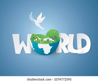 White pigeons fly out the green earth,International Day of peace concept ,vector and illustration.
