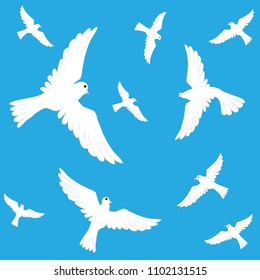 White pigeons on a blue background. You can apply for fabrics, paper.