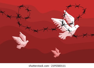 Palomas blancas en un fondo de cielo rojo, limitadas por alambre de púas, símbolo de falta de libertad, censura. La metáfora de la imposibilidad de abandonar una sociedad totalitaria, la Cortina de Hierro.