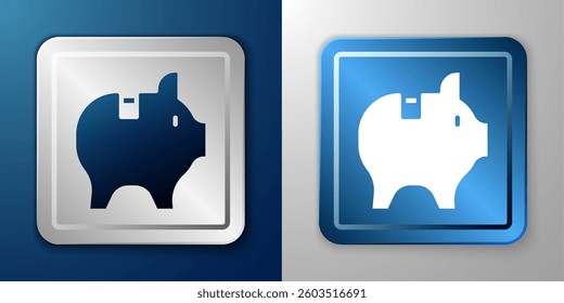 White Piggy bank icon isolated on blue and grey background. Icon saving or accumulation of money, investment. Silver and blue square button. Vector