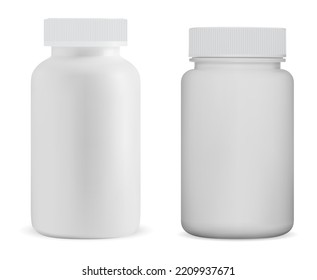 White pill bottle mockup. Medicine supplement container. Vitamine capsule white plastic jar, pharmacy tablet product package set illustration. Small cylinder packaging for antibiotic medicament