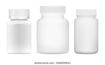 White pill bottle mockup. Pharmacy supplement jar, vector template. Isolated drug capsule bottle, realistic 3d illustration. Sport vitamin packaging set, white plastic blank. Prescription pills can