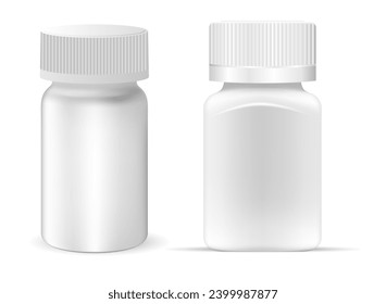 Burla de la botella de la píldora blanca. Frasco de cápsulas de vitamina plástica, aislado en fondo blanco. Comprimido suplementario modelo de medicamentos en blanco y realistas. Embalaje de píldoras cosméticas
