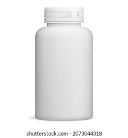 White pill bottle mockup. Supplement package blank, isolated drug container on white background. Pharmacy tablet pillbox concept design. Prescription pill jar, 3d illustration. Cure capsule can