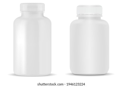 White pill bottle. Plastic supplement jar blank. Prescription drug capsule can. medicament cure product bottle design. Pharmaceutical remedy jar vertical template illustration. Vitamine bottle