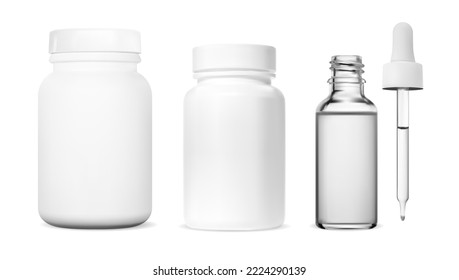 White pill jar. Vitamin capsule bottle set, vector template. Supplement pill box design, isolated pharmacy drug product package. Glass dropper bottle for liquid medication. Pillbox presentation