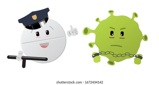 White pill policeman arrested the virus. The virus is prohibited. Handcuffed criminal. The fight against the disease. Green virus criminal. Pretty faces. Vector. Isolated. Funny.