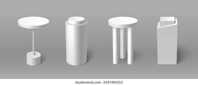 White pillar display pedestals in different geometric shape. Realistic 3d vector platform mockup - slim stand with round top, cylindrical column with cap, segmented vertical mount, simple tubular base