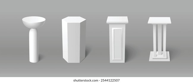 White pillars set isolated on background. Vector realistic illustration of 3d square, round, hexagonal marble columns, pedestals for product presentation, ancient building balustrade, museum podium