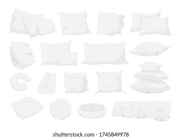 White pillow big set, flat cartoon style. Interior textile. Pillows for sofa, bed, sleep mockup template. Classic feather, bamboo eco fabric cushion. Isolated on white vector illustration