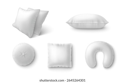 White pillow and cushion 3d set with soft bedroom essentials - square pillows, round decorative cushion, neck support travel bolster. Clean realistic bedding mockups for comfortable sleep, home decor.