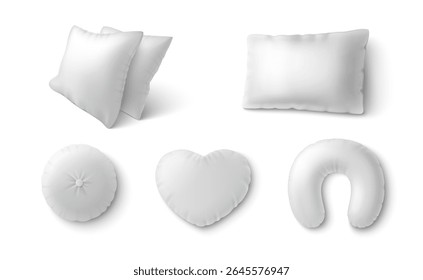 White pillow and cushion 3d set with soft bedroom essentials - square pillows, round decorative cushion, neck support travel bolster. Clean realistic bedding mockups for comfortable sleep, home decor.