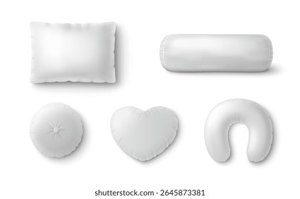Travesseiro branco e almofada 3d conjunto com essenciais de quarto macio - travesseiros quadrados, almofada decorativa redonda, apoio de pescoço viagens bolster. Limpar maquetes de cama realista para o sono confortável, decoração de casa.