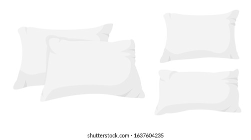 White pillow flat cartoon set. Interior textile. Pillows for sofa, mockup template. Сlassic feather, bamboo eco fabric сushion kit design. Isolated on white vector illustration. Shape for Relax