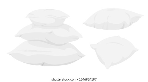 Conjunto de dibujos animados planos de almohada blanca. Tejido interior doméstico. Tres almohadas decorativas para la cama, una plantilla de maquillaje para dormir. Diseño clásico de plumas, kit de cojín de tela ecológica de bambú. Aislado en ilustraciones de vector blanco